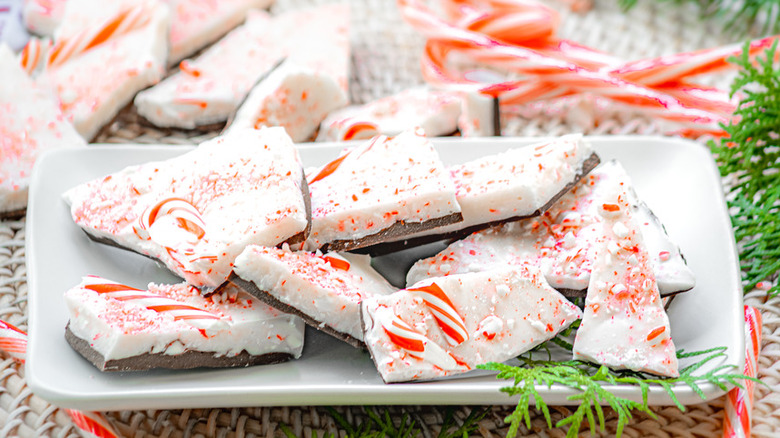 Pieces of chocolate-peppermint bark candy on a platter.