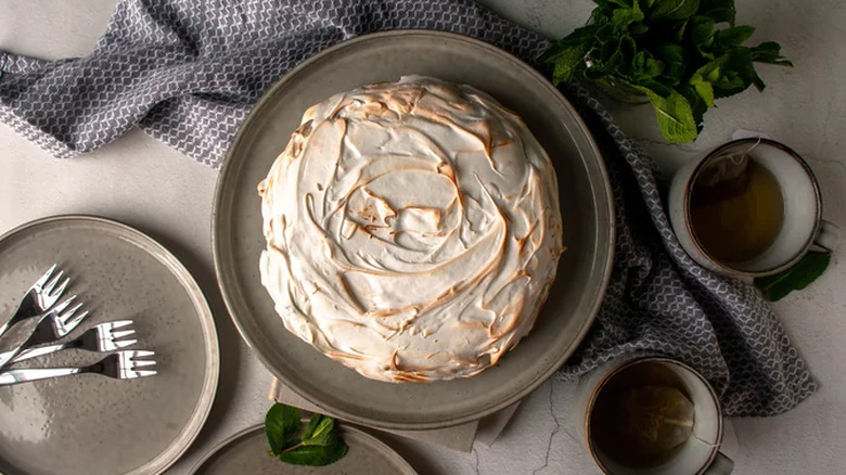 Baked Alaska with browned meringue shell on plate. 