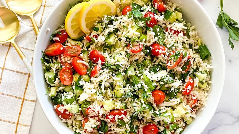 Bowl of tabbouleh salad made with riced cauliflower. 