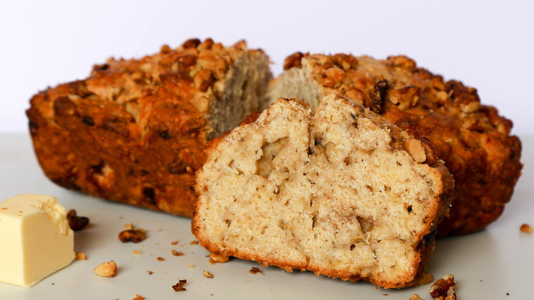 Slice from a walnut banana quick bread loaf. 