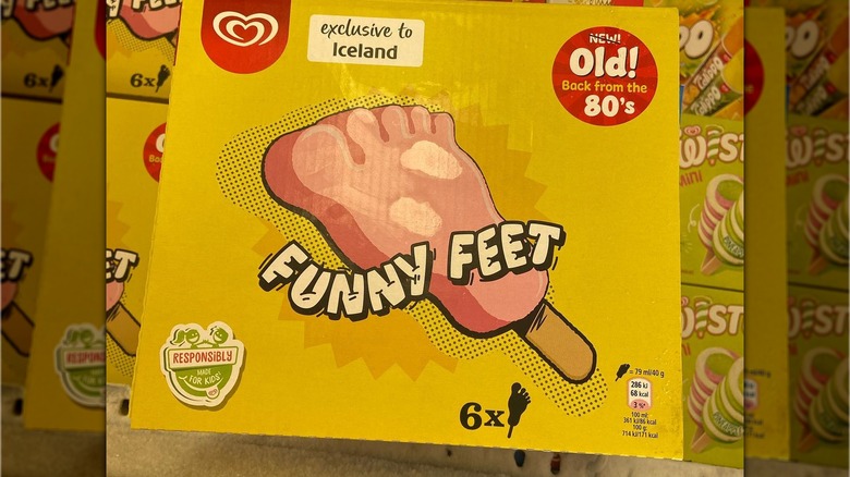 Package of Funny Feet ice cream on freezer edge