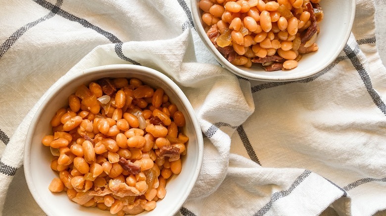 baked beans in white bowls