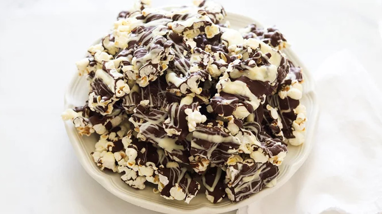 Popcorn coated in white and dark chocolate