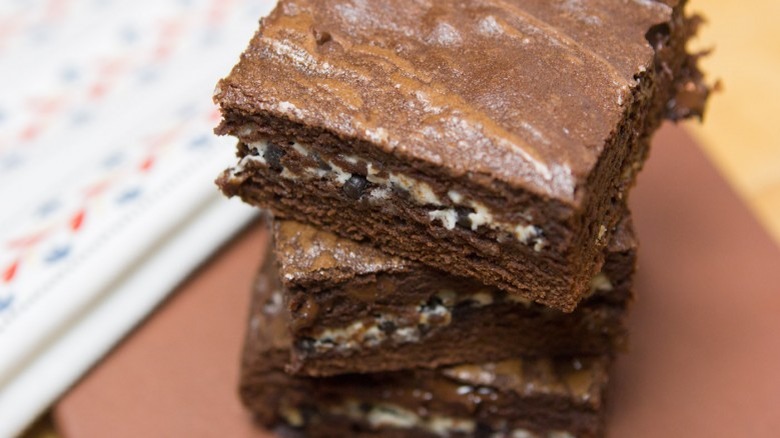 Stack of brownies with white centers