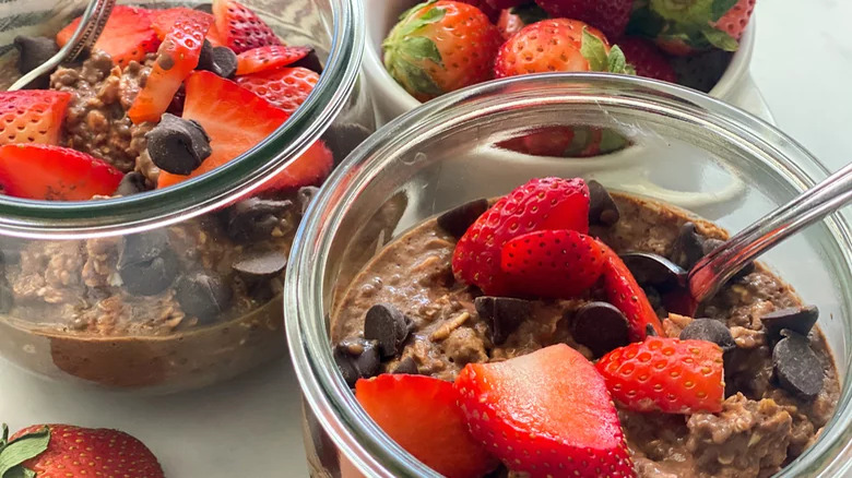 Glass jar of chocolate oatmeal