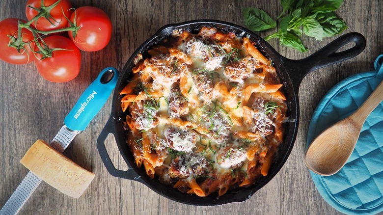 pasta casserole in black pan