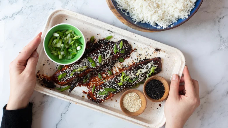 Miso-glazed salmon with rice