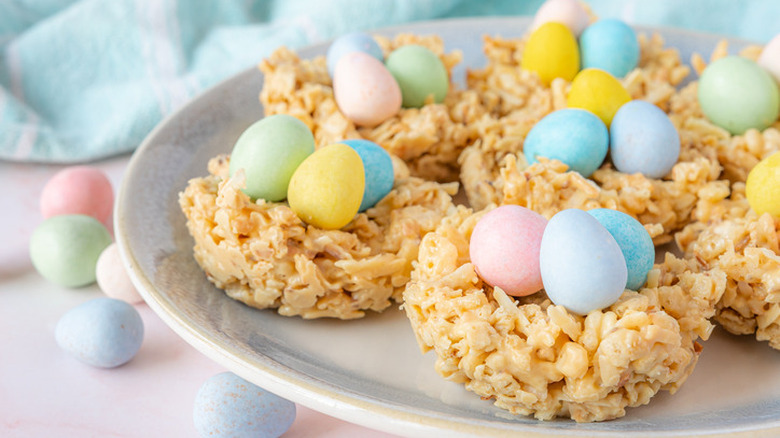 Nest shaped cookies with candy eggs