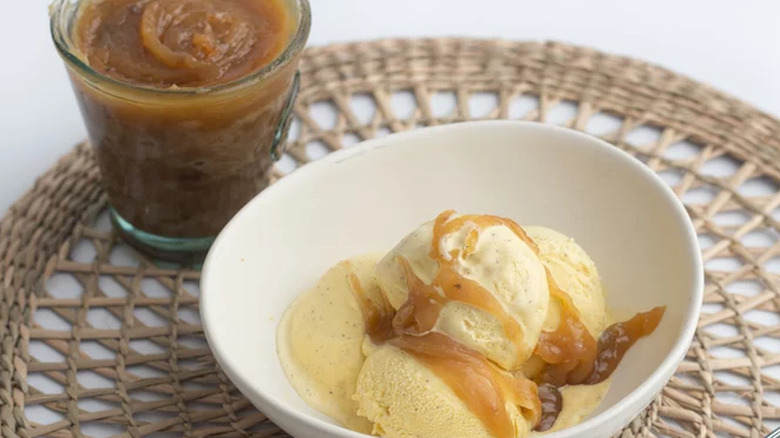 Peanut butter sauce on ice cream