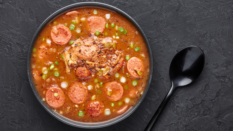 Bowl of gumbo with spoon