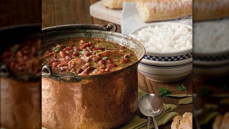 Cooked beans, bowl of rice