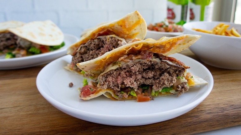 burger in flour tortilla shell