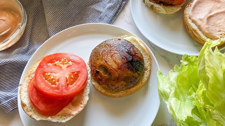 mushroom and tomatoes on bun