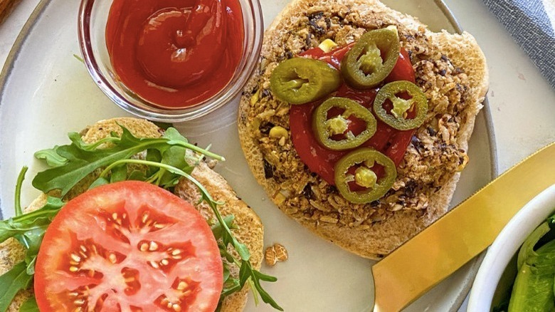 bean burger with pickled jalapenos