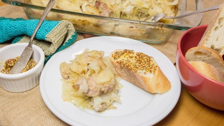 Cabbage And Sausage Casserole with bread and mustard