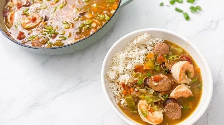Gumbo and rice in a bowl