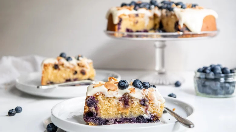 blueberry amaretto cake on a plate