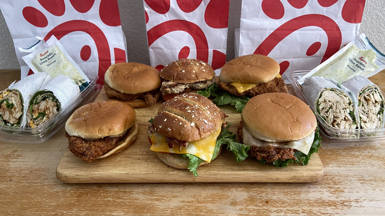 all Chick-fil-A chicken sandwiches on a table