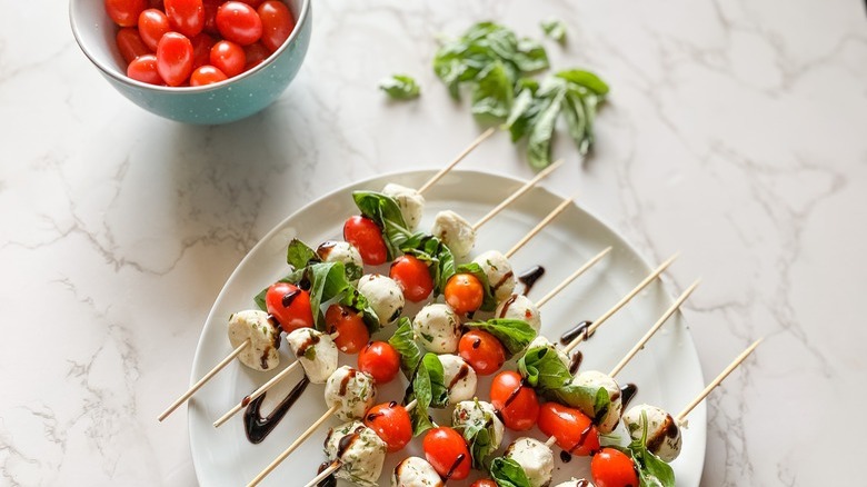 cheese tomato and basil skewers