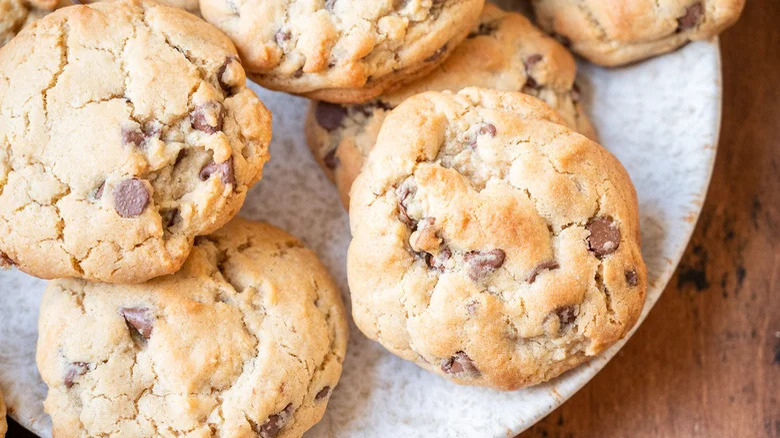 chocolate chip cookies in a pile