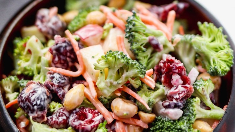 Creamy salad of broccoli, peanuts, carrots, and cranberries.