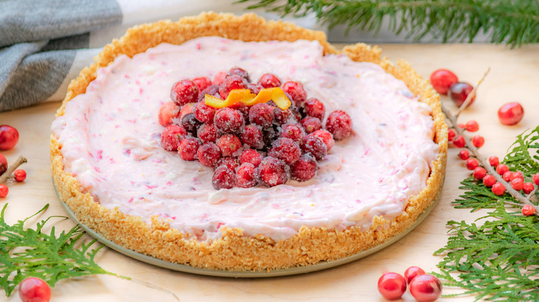 Tart with crumb crust and creamy cranberry filling.