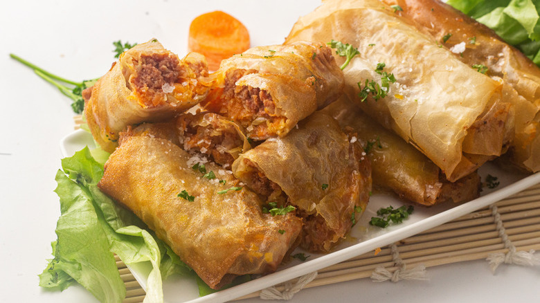 corned beef-filled egg rolls