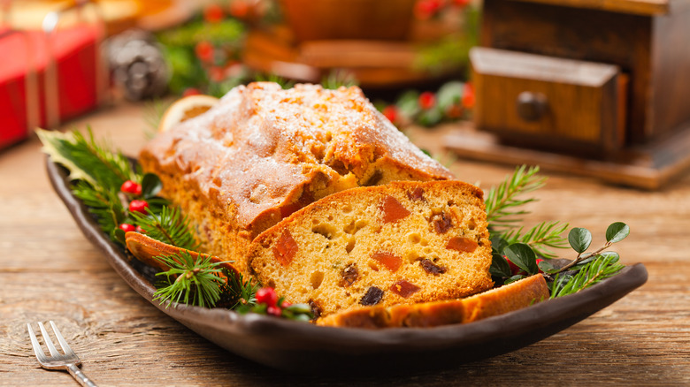 Fruitcake garnished with greenery