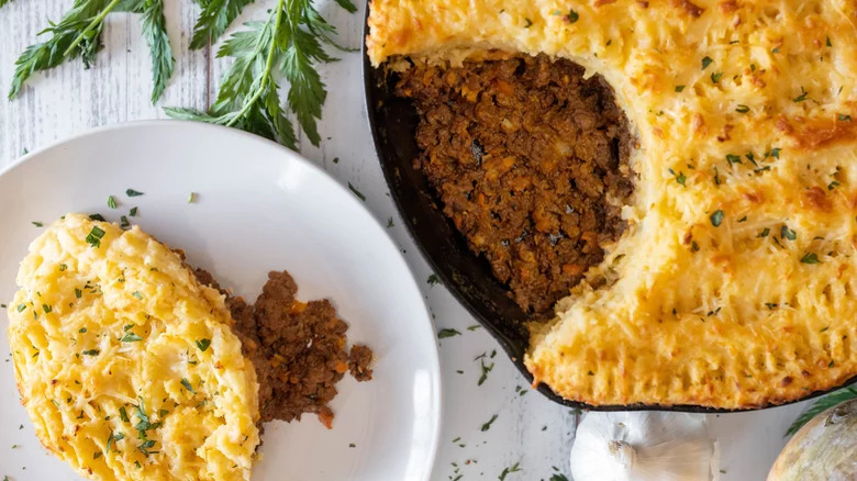 pan and plate of shepherd's pie