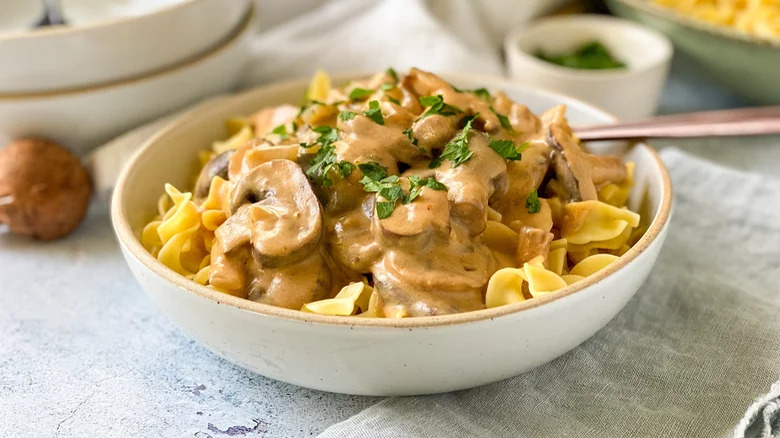 vegetarian mushroom stroganoff in bowl