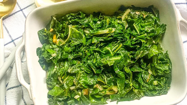 Swiss chard in casserole serving dish