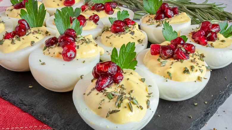 Deviled eggs with pomegranate seeds