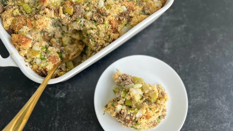 Stuffing in casserole dish and plate