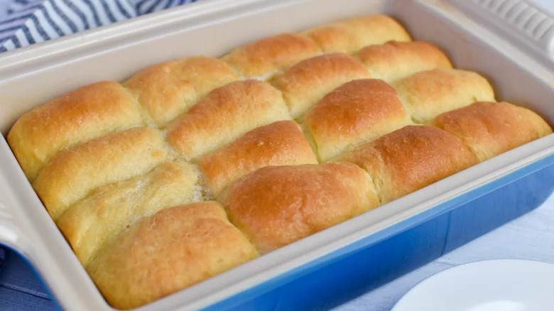 Bread rolls in a casserole dish