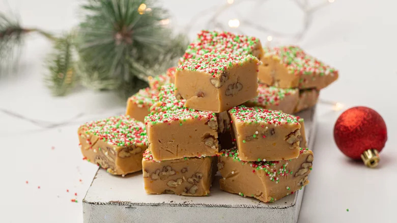 christmas fudge with evergreens and ornament