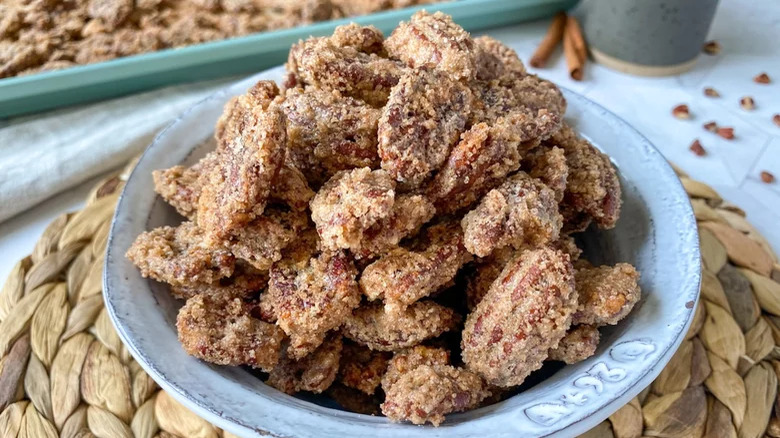 plate with pile of cinnamon glazed pecans