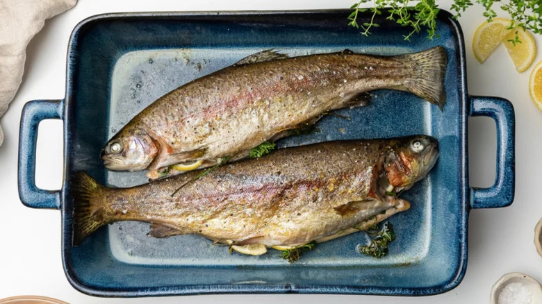 baking pan with whole-roasted rainbow trout