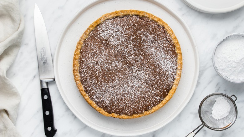 chocolate pie on white plate