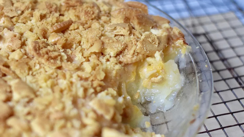 Baking dish with cracker-topped pineapple filling.