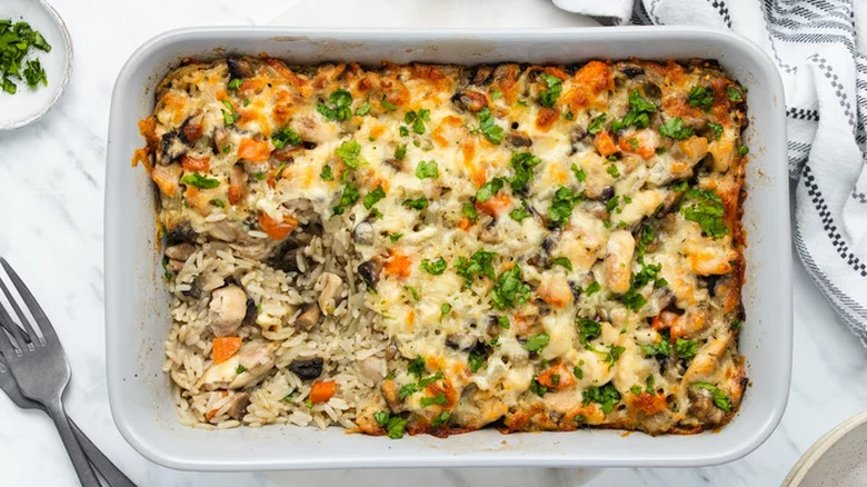 Rice and diced veggies in a baked casserole.