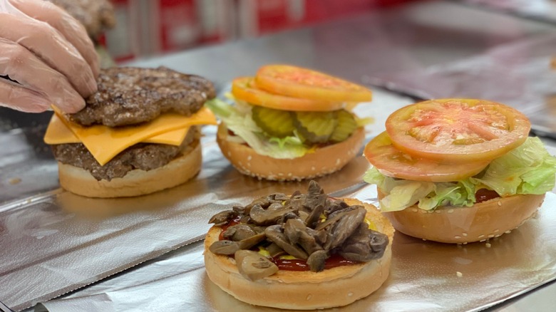 Five Guys burger mid-preparation