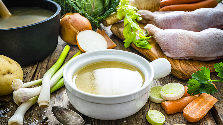 Bowl of homemade chicken stock