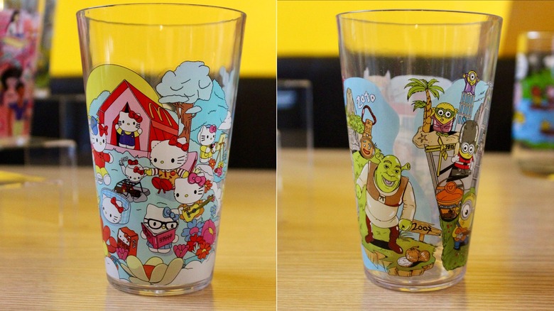 Split image of Hello Kitty cup and Shrek with minions cup