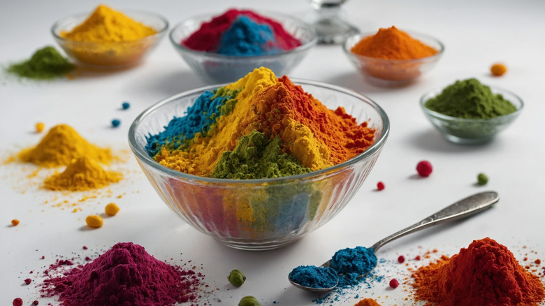 Powdered food color additives in bowls