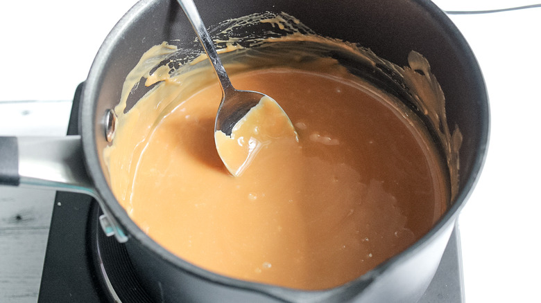 melted caramel in pan