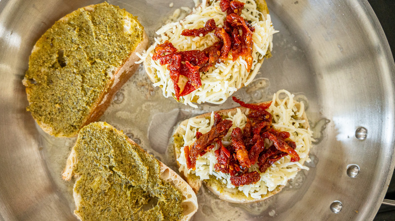 pesto grilled cheese in pan