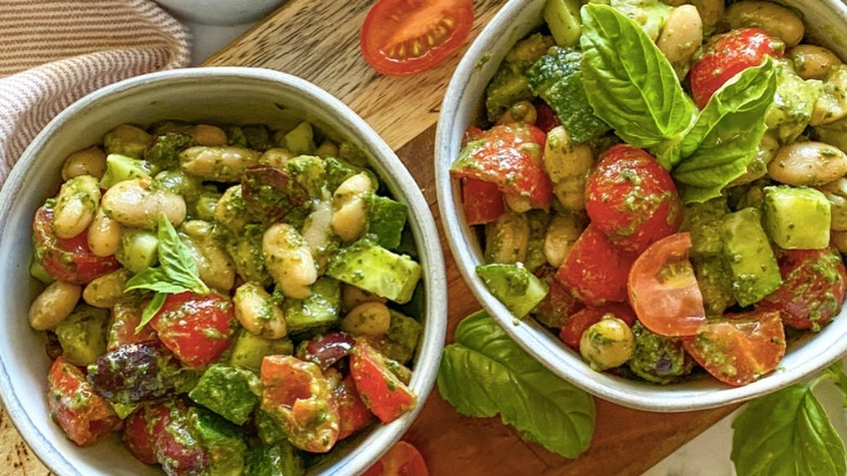 white bean pesto salad in individual bowls