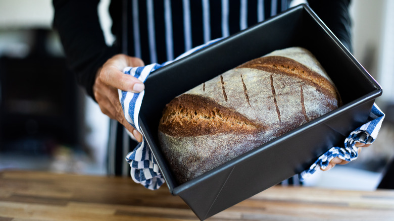 Sourdough bread in loaf pan