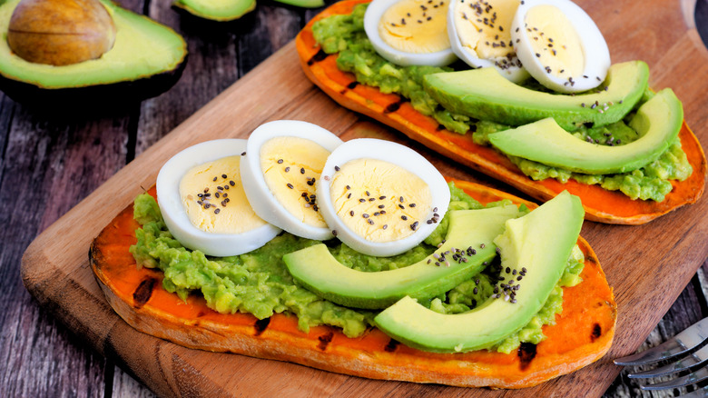 sweet potato with avocado and eggs