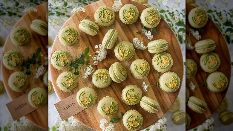 matcha flavored macarons on plate